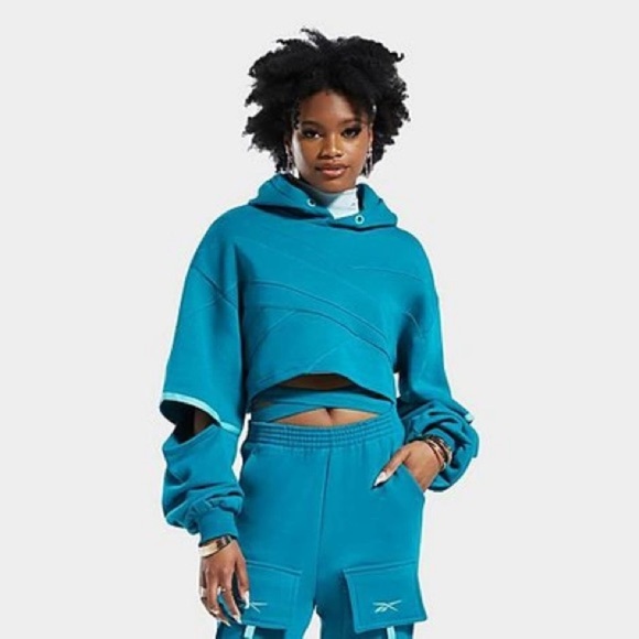 Reebok x Cardi B Teal Cropped Hoodie w/ Open Elbows - Picture 1 of 15